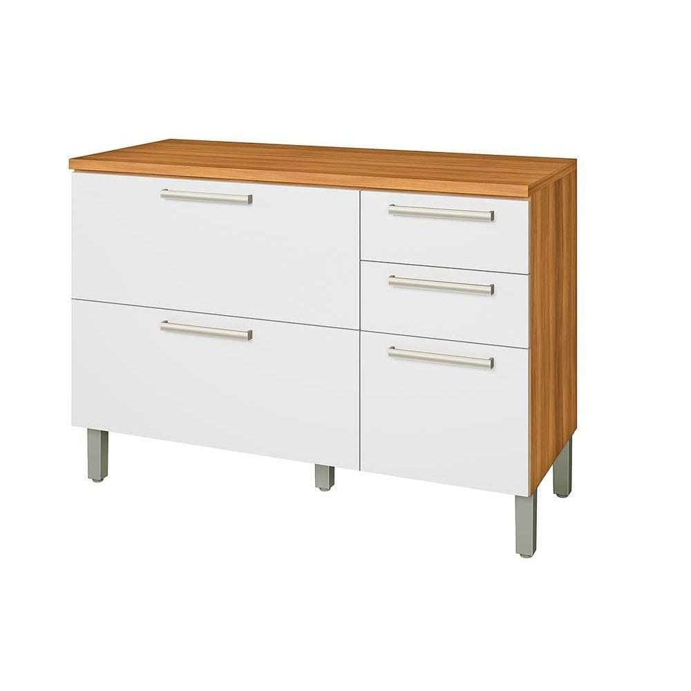 Gabinete p/ Pia Cozinha Balcão c/ Tampo Burguesa Premium c/ 2 Portas e 3 Gavetas 120cm Freijó/Branco - Nesher