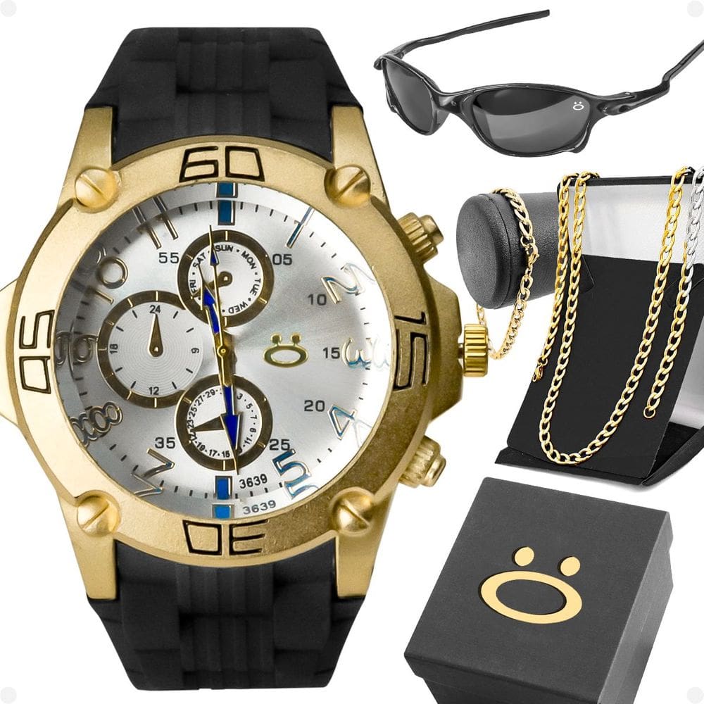 Relógio Masculino Aço + Óculos sol + Pulseira Cordão + Caixa Preto Ajustável Silicone Banhado Grumet