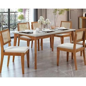 Sala de Jantar Completa Monalisa c/ Tampo Madeirado c/ Vidro 160cm + 6 Cadeiras Rainha Natural - Nesher