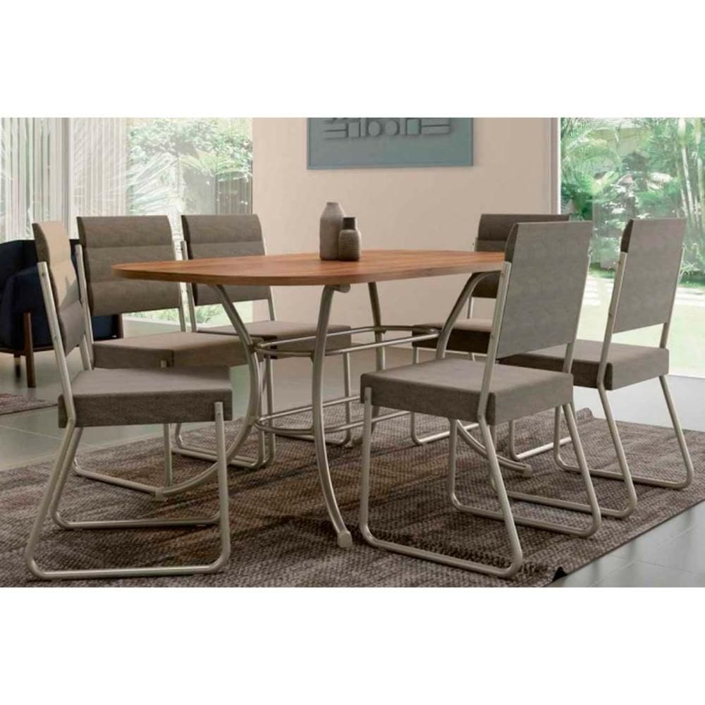 Sala de Jantar Completa 1547 Aço c/ Tampo Madeirado 160x90cm e 6 Cadeiras 1736 Prata/Tecido Mocca Capuccino - Carraro