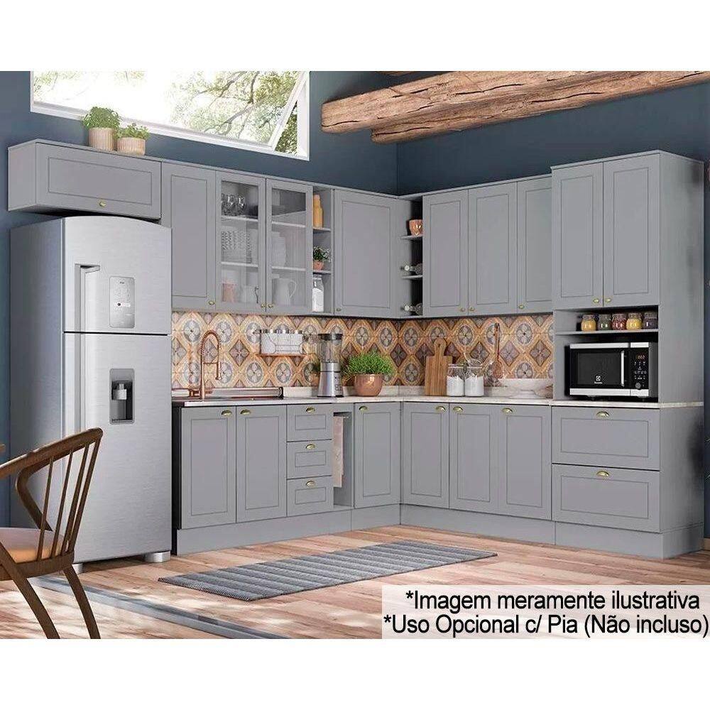 Cozinha Completa Americana 16 Peças (6 Armários + 1 Paneleiro + 5 Balcões + 4 Complementos) C5P38 Cinza - Henn