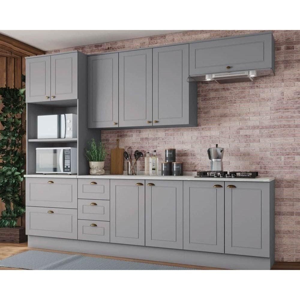 Cozinha Completa Americana 7 Peças (2 Aéreos + 2 Balcões + 1 Paneleiro + 2 Complementos) CZ144 Cinza - Henn