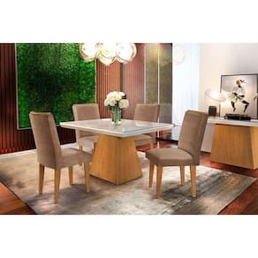 Conjunto: Mesa Sala Jantar Luna c/ Tampo Madeirado c/ Vidro Canto Reto 120cm + 4 Cadeiras Lunara Imbuia/Chocolate Capuccino - Rufato
