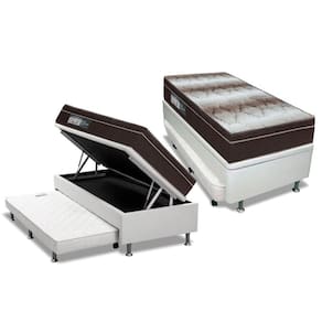 Cama Box Baú c/ Auxiliar Solteiro: Colchão Ortopédico Ortobom Light + Base CRC Courano White (88x188)