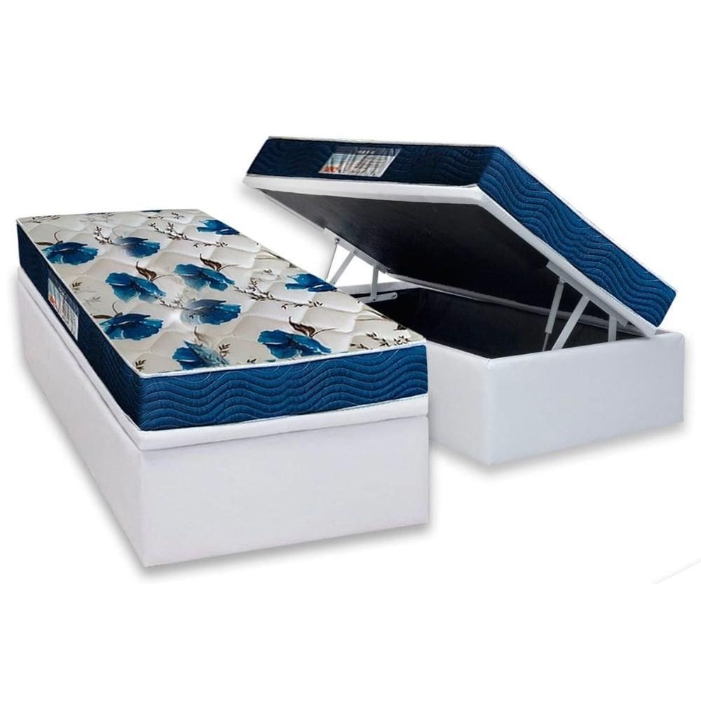 Cama Box Baú Solteiro: Colchão Espuma Ortobom D28 / EP ISO 60 Super Firme + Base CRC Courano White(88x188)