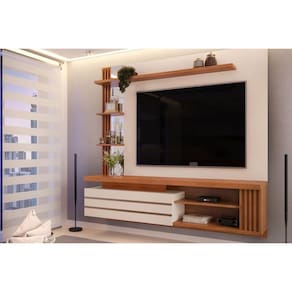 Painel Quarto p/ TV até 55 Pol Marin c/ 1 Porta e Torre Ripada 160x153cm Off White/Freijó - DJ Móveis