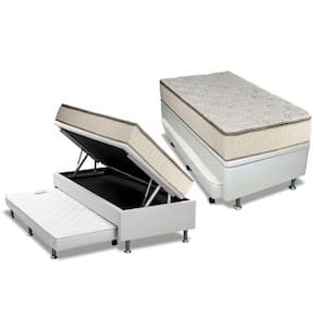 Cama Box Baú c/ Auxiliar Solteiro: Colchão Molas Luckspuma Bonnel Montreal + Base Courano Branco (88x188)