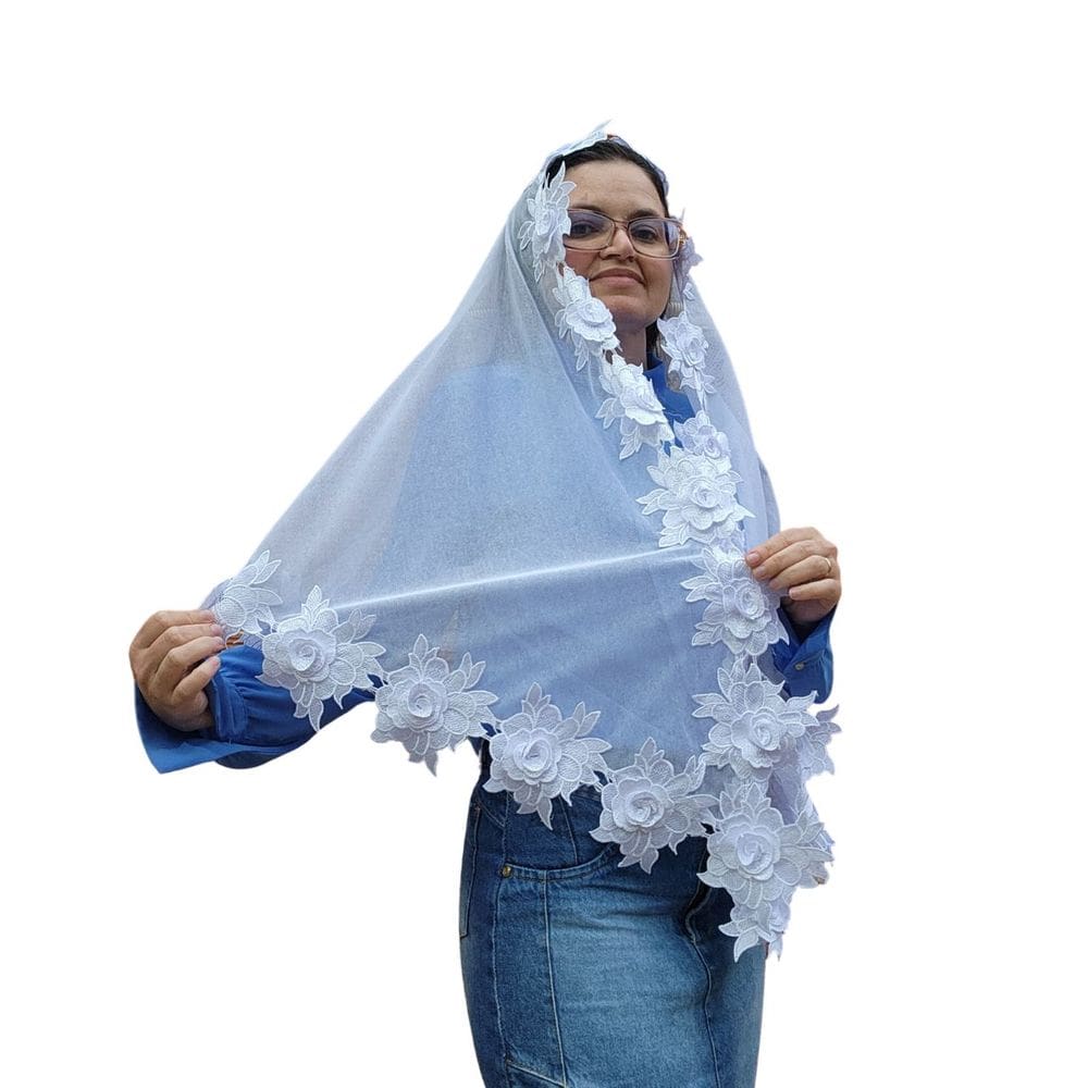 Véu CCB Luxo Renda 3D Rosas  Redondo e Porta Véu  Adulto