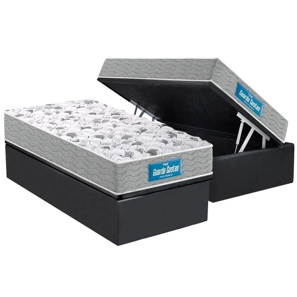 Cama Box Baú Solteiro: Colchão Espuma Probel D45 / EP Guarda Costas PróExtreme Double Face+ Base CRC Suede Gray(88x188)