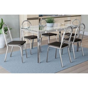 Conjunto: Mesa de Cozinha Reno c/ Tampo Vidro 150cm + 6 Cadeiras Holanda Cromado/Courano Preto - Kappesberg