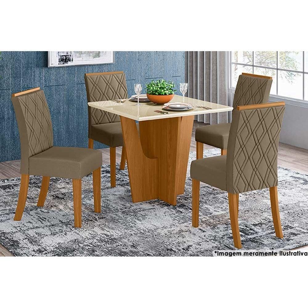 Sala de Jantar Completa Vértice c/ Tampo Reto Madeirado c/ Vidro 90x90cm e 4 Cadeiras Vita Nature/Suede Light Bege - Henn