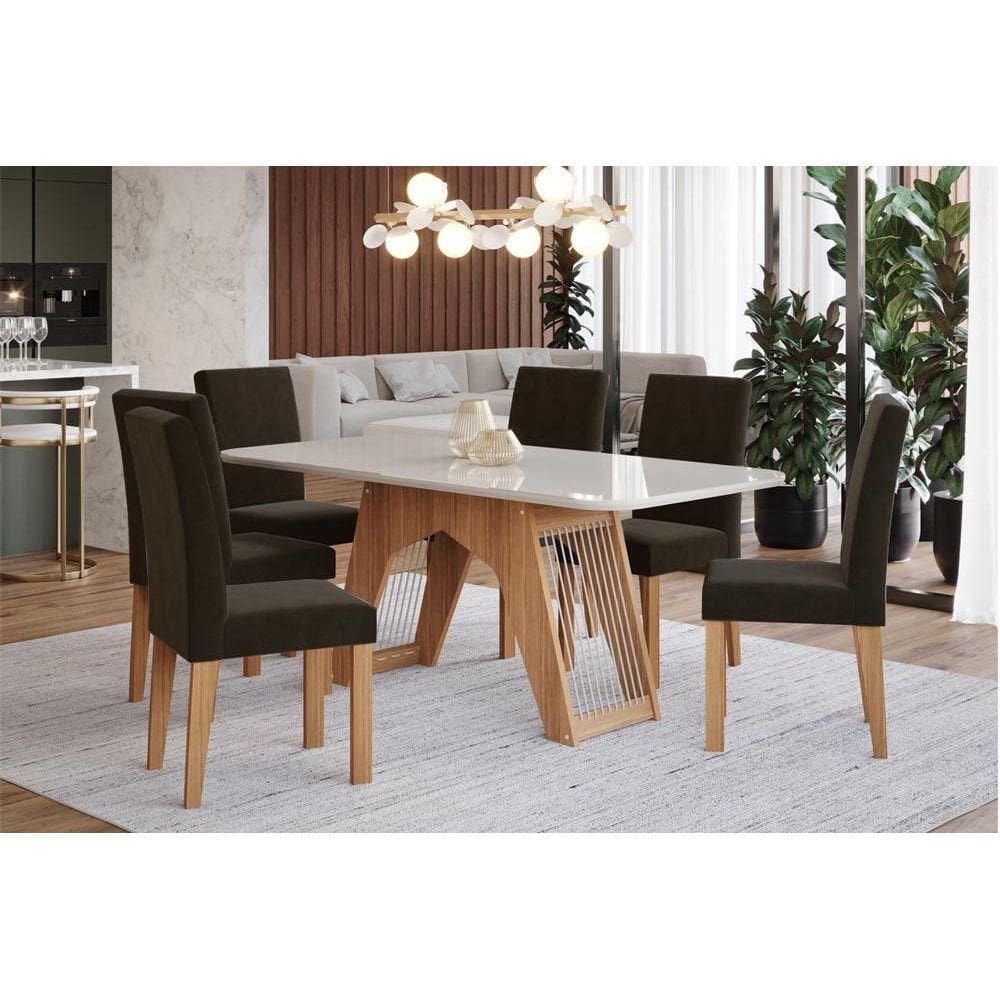 Sala de Jantar Completa Carol Tampo Madeirado c/ Vidro 180x90cm e 6 Cadeiras Maia Nature/Off White-Suede Mascavo Chocolate - Cimol