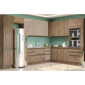 Cozinha Modulada Completa Maxxi 14 Peças (5 Armários + 4 Balcões + 2 Paneleiros + 3 Complementos) C14P08 Nogal - Kappesberg