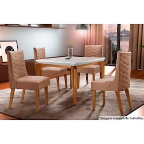 Sala de Jantar Completa Londrina c/ Tampo Madeirado c/ Vidro 120x80cm e 4 Cadeiras Dafne Capuccino/Suede Capuccino - Rufato