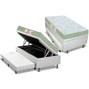 Cama Box Baú c/ Auxiliar Solteiro: Colchão Espuma Castor D33 Sleep Max + Base CRC Courano White (88x188)