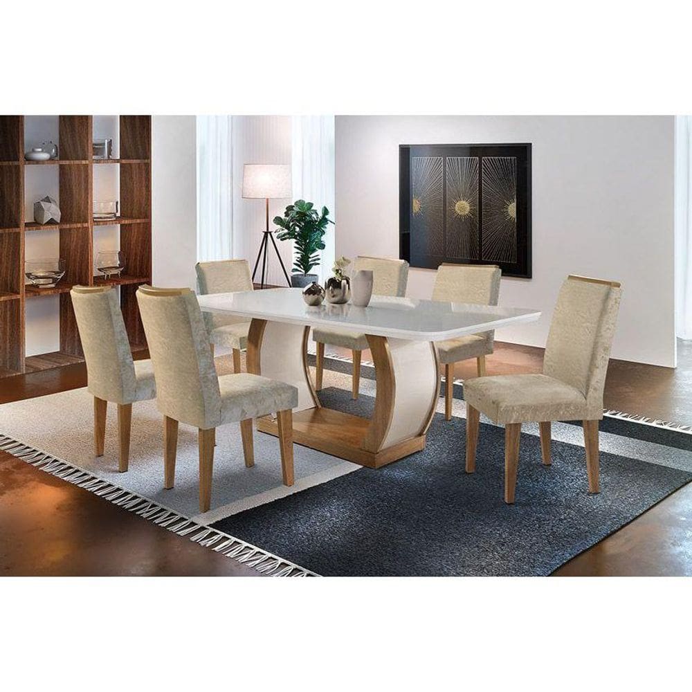 Sala de Jantar Completa Jade Tampo Madeirado c/ Vidro Canto Curvo 180x90cm e 6 Cadeiras Lunara Capuccino/Suede Capuccino - Rufato