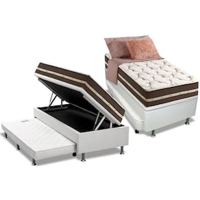 Cama Box Baú c/ Auxiliar Solteiro: Colchão Molas D Angelis Anjos Superlastic Classic + Base CRC Courano Branco (88x188)
