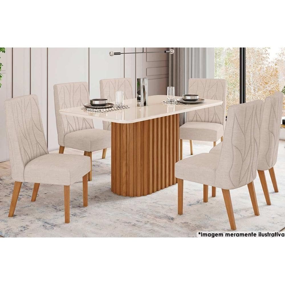 Sala de Jantar Completa Solana c/ Tampo Madeirado c/ Vidro Curvo 160x90cm e 6 Cadeiras Nina Nature/Suede Light Linho - Henn