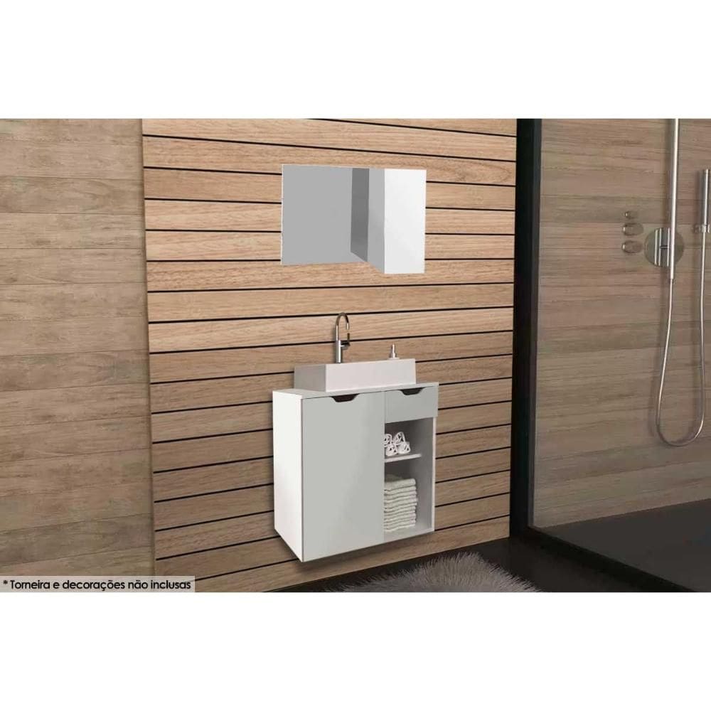 Conjunto de Banheiro Balcão Suspenso BN3605 c/ Cuba BN3600 60cm e Armário c/ Espelho BN3602 Branco - Tecno Mobili
