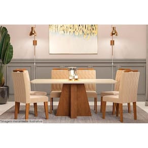 Conjunto: Mesa Sala Jantar Maitê c/ Tampo Madeirado c/ Vidro 160cm + 6 Cadeiras Paola Savana/OW/Nude - Cimol