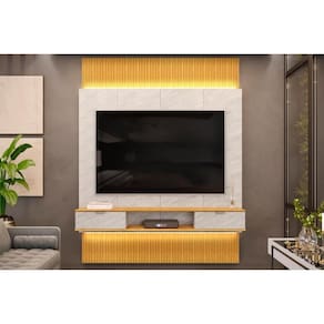Painel Home p/ TV até 75 Polegadas Hit 1900 Extensível 100% MDF c/ Led de 240 a 290cm Cedro/Quartzo - DJ Móveis