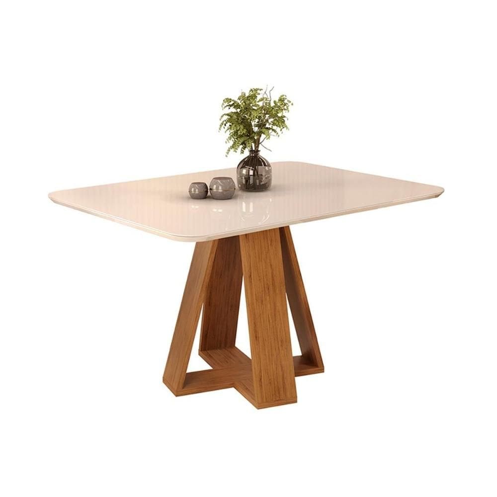 Mesa de Sala Jantar Celeste c/ Tampo Madeirado Vidro Curvo 120x90cm Freijó/Off White - DJ Móveis