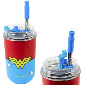 Copo Mulher Maravilha Térmico Quente Gelado 300ml Com Tampa E Canudo Oficial DC Comics
