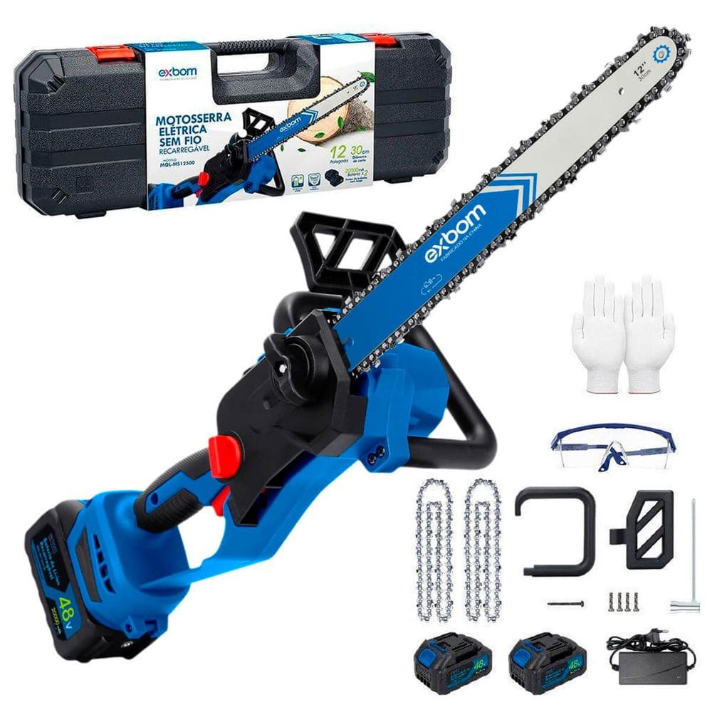 Motosserra Elétrica Sem Fio Portátil 48V Brushless 12 Polegadas Tela LED Freio de Segurança Lubrificação Automática Carregador e Maleta
