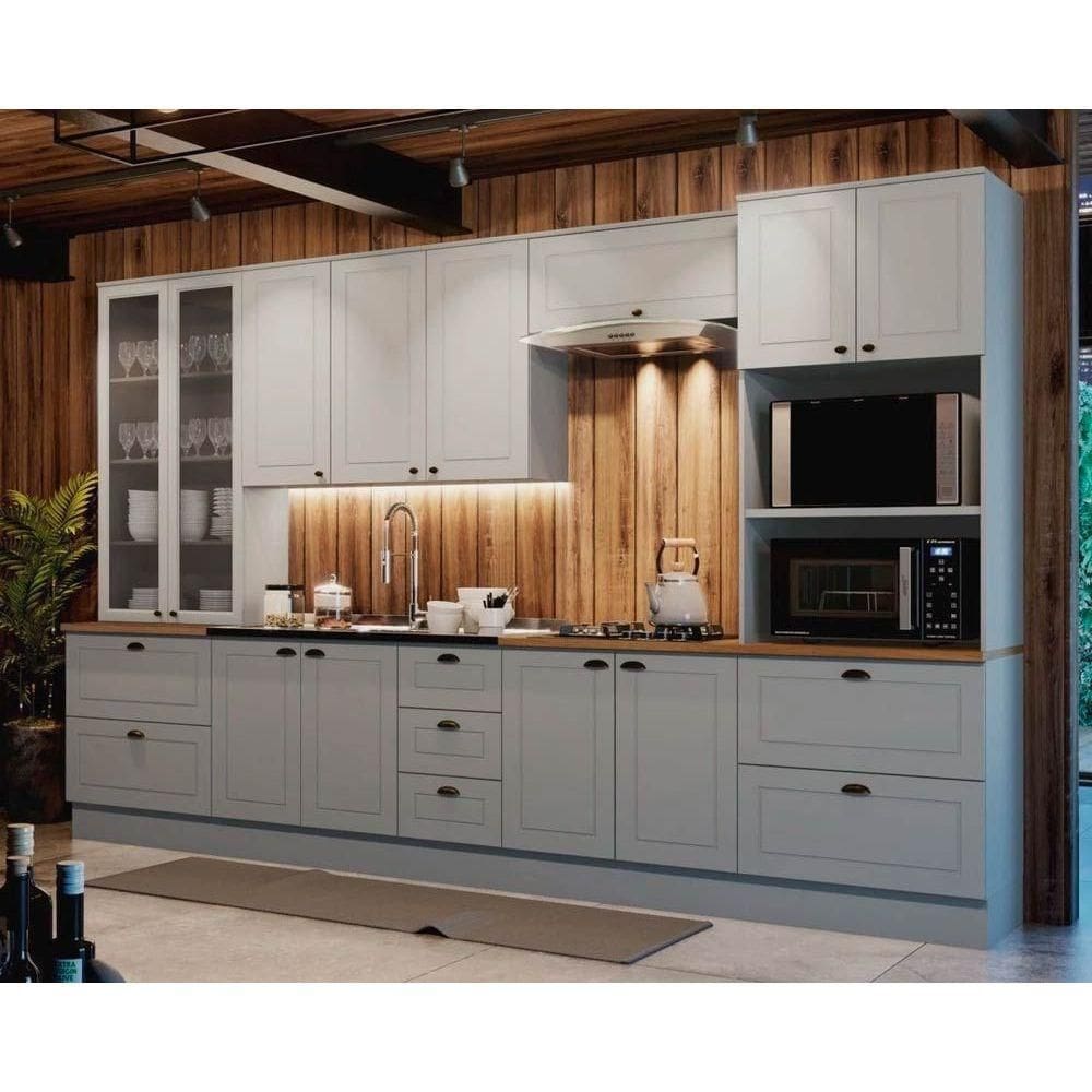 Cozinha Completa Americana 7 Peças (2Aéreos+2Balcões+2Paneleiros+1Complemento) s/Pia CZ143 Cinza - Henn