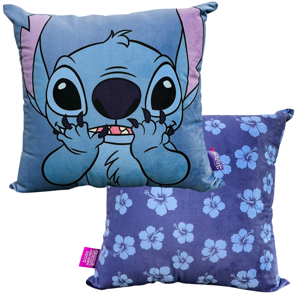 Almofada Stitch Azul Flores Aveludada 40x40cm Oficial Disney