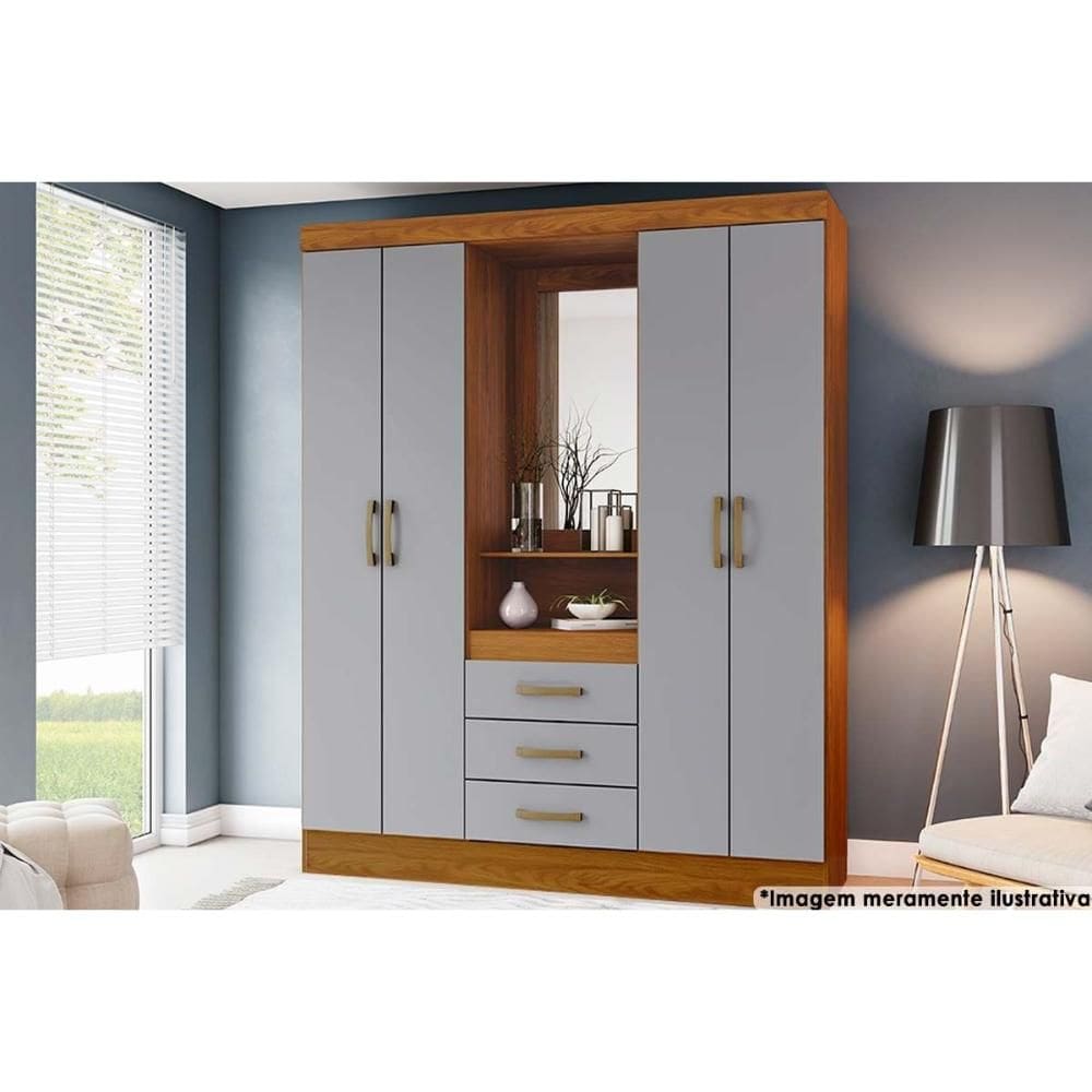 Guarda Roupa Solteiro 4 Portas e 3 Gavetas c/ 1 Espelho Briz B24 Nature/Cinza - Henn
