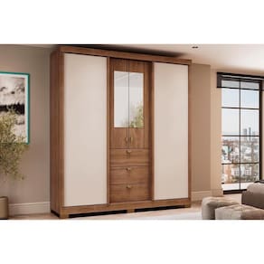 Guarda Roupa Casal 4 Portas e 3 Gavetas c/ Espelho Fit 1174 c/ Pés Flex Freijo ou Freijo Off White - Carraro