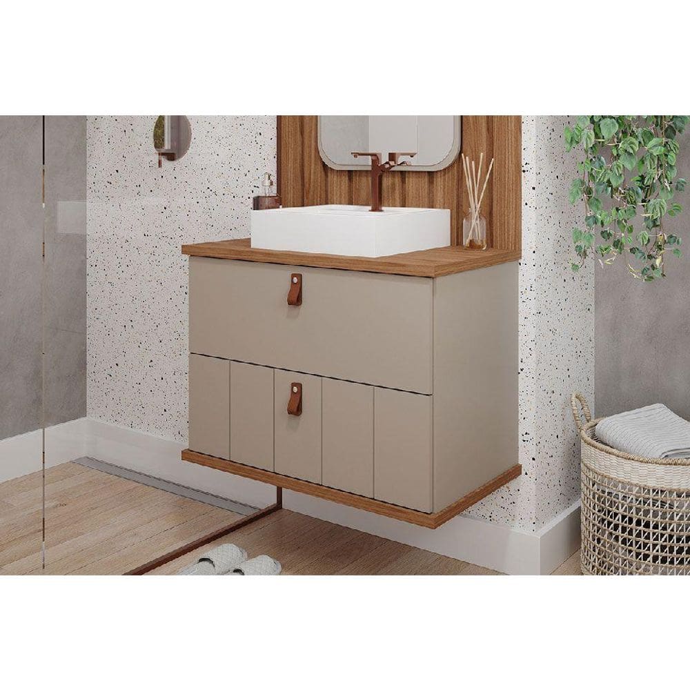 Gabinete de Banheiro Balcão Milano 1 Porta e 1 Gaveta c/Cuba 80cm Cappuccino/Freijo - MGM