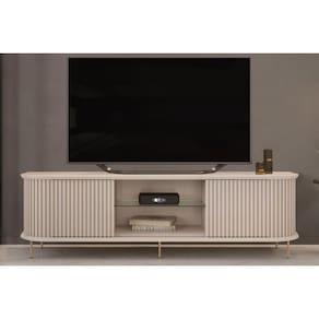 Rack Bancada p/ TV até 75 Pol Atlas 100% MDF Ripado c/ 2 Portas 218x62cm Off White - DJ Móveis