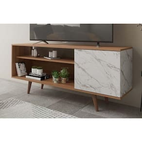 Rack Bancada p/ TV até 50 Pol R1486 c/ 1 Porta e 2 Nichos136cm Amendoa/Marmore Branco - Tecno Mobili