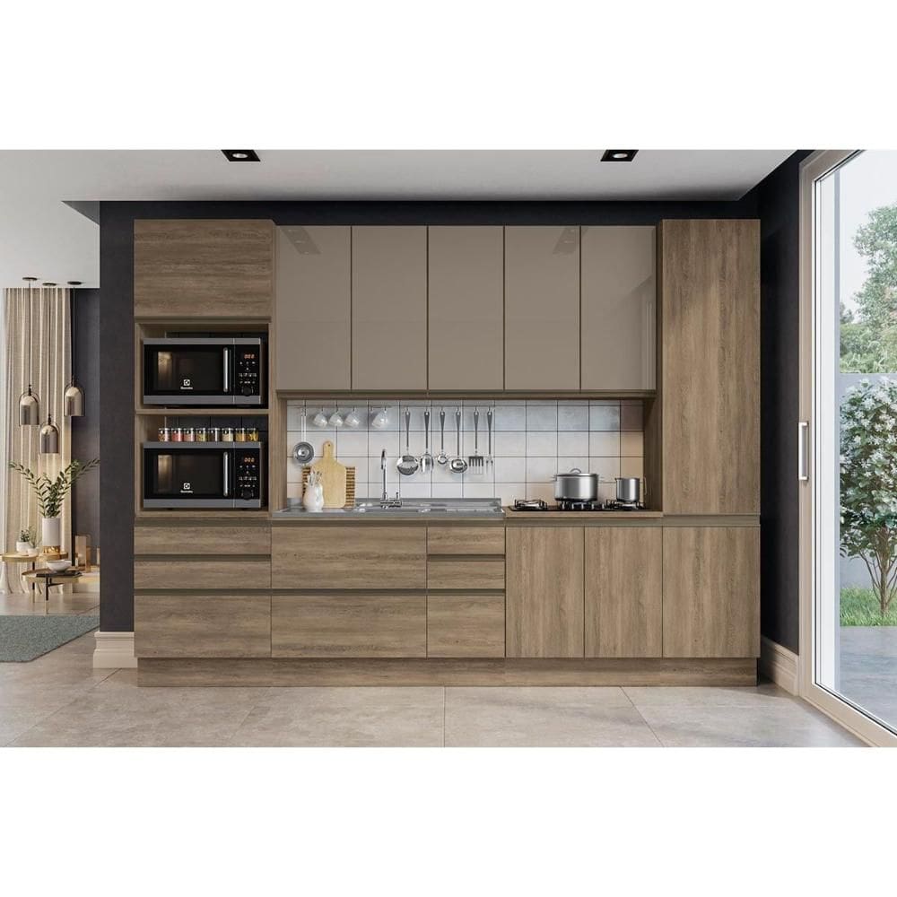 Cozinha Modulada Kappesberg Maxxi 7 Peças (2 Armários c/ Vidro + 2 Balcões + 2 Paneleiros + 1 Complemento ) CZ213 Nogal-Kappesberg