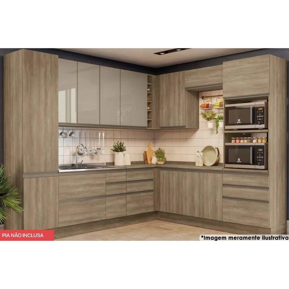 Cozinha Modulada Kappesberg Maxxi 13 Peças (4 Armários+ 4 Balcões + 2 Paneleiros + 3 Complementos) CZ268 Nogal-Kappesberg
