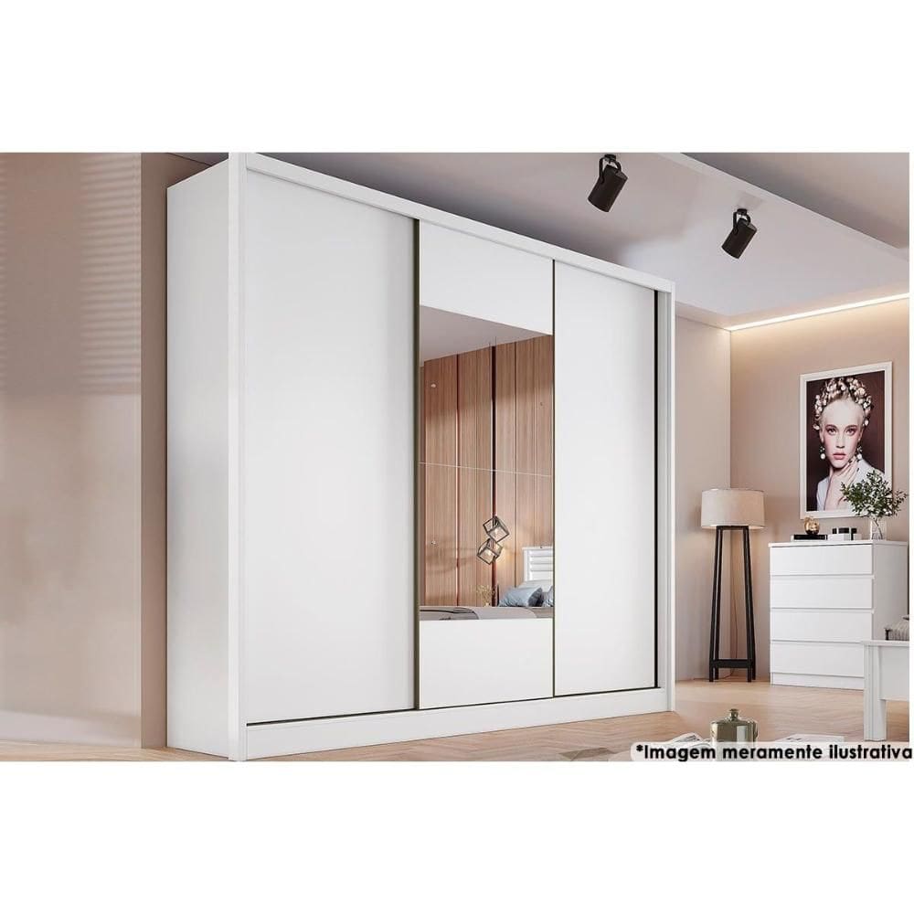Guarda Roupa Casal 3 Portas de Correr (1 c/ Espelho) e 6 Gavetas Arezzo/Medelim Branco - Novo Horizonte