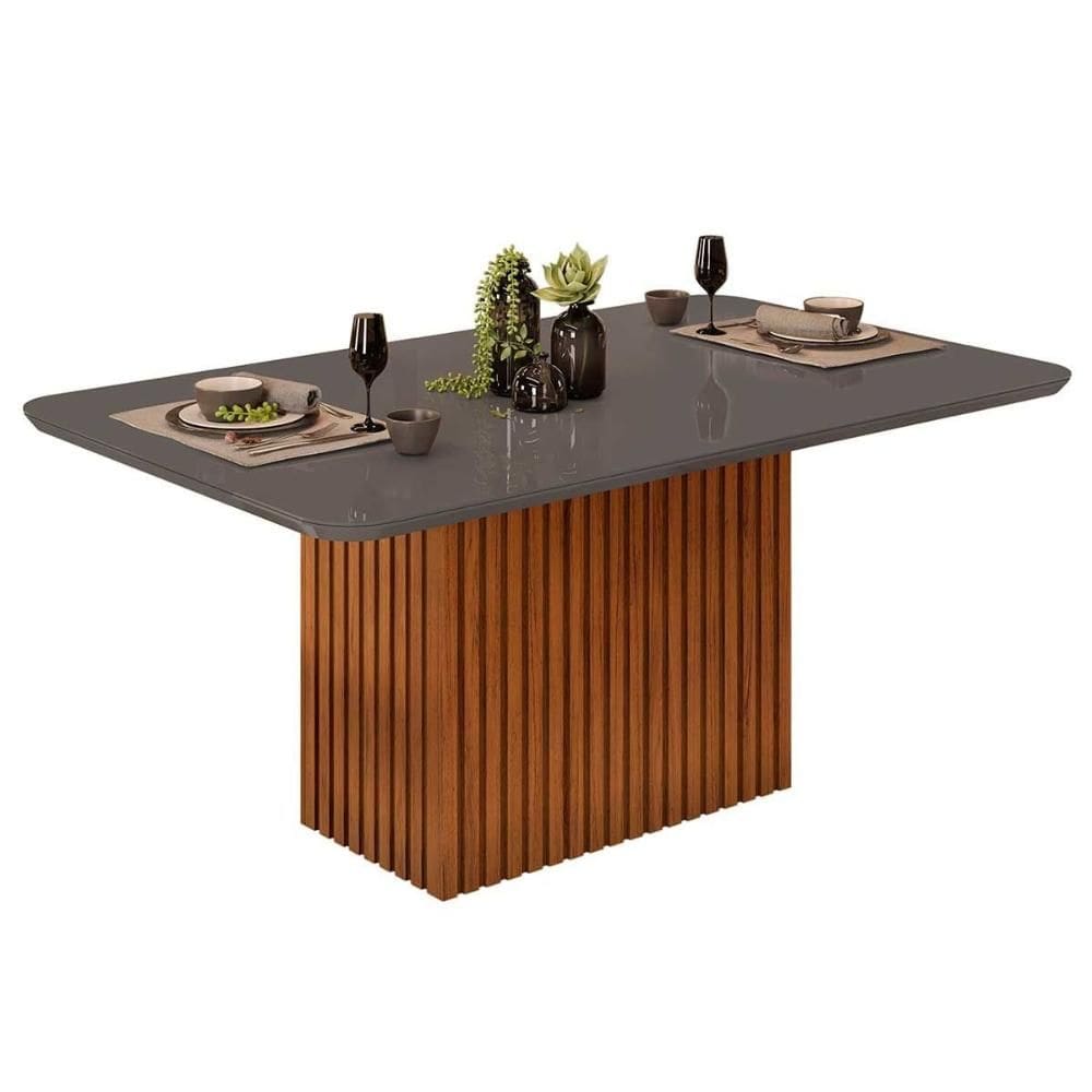 Mesa de Sala Jantar Canes c/ Tampo Madeirado c/ Vidro Curvo 170x90cm Freijo/Cinza Urbano - DJ Móveis