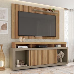 Conjunto Decorativo Rack E Bancada Brendan Mdf/mdp Ripado Para Tv 55 Pol. Buriti/fendi G11 - Gran Belo