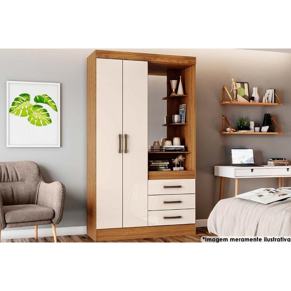 Guarda Roupa Solteiro 2 Portas e 3 Gavetas c/ 1 Espelho Briz B64 Nature/Off White - Henn