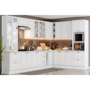 Cozinha Modulada Henn Americana 19 Peças (1 Torre Quente + 1 Cristaleira + 6 Aéreos + 5 Balcões + 1 Porta Toalha + 5 Tampos) CZ264 Branco