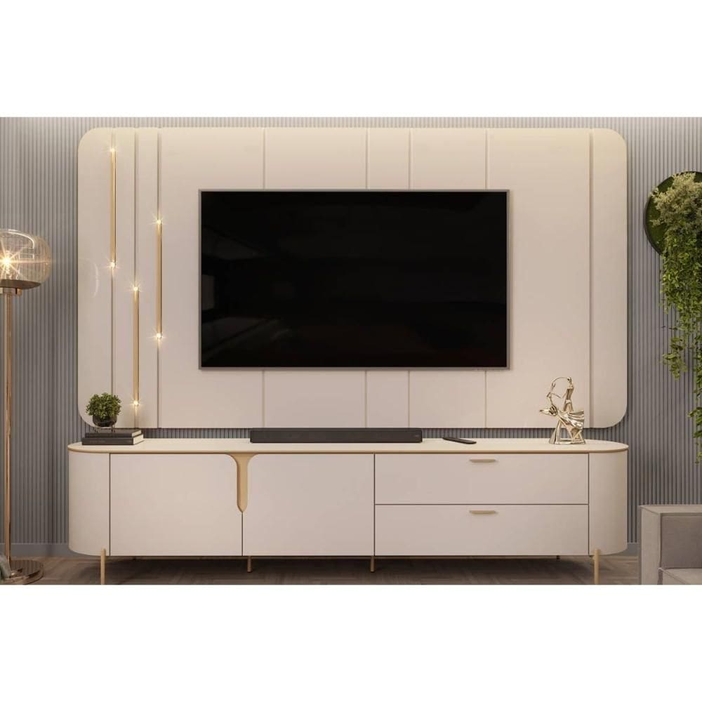 Rack Bancada c/ Painel p/ TV até 75 Pol Celine Led 2 Portas e 2 Gavetas 241x189cm Off White/Off White - DJ Móveis