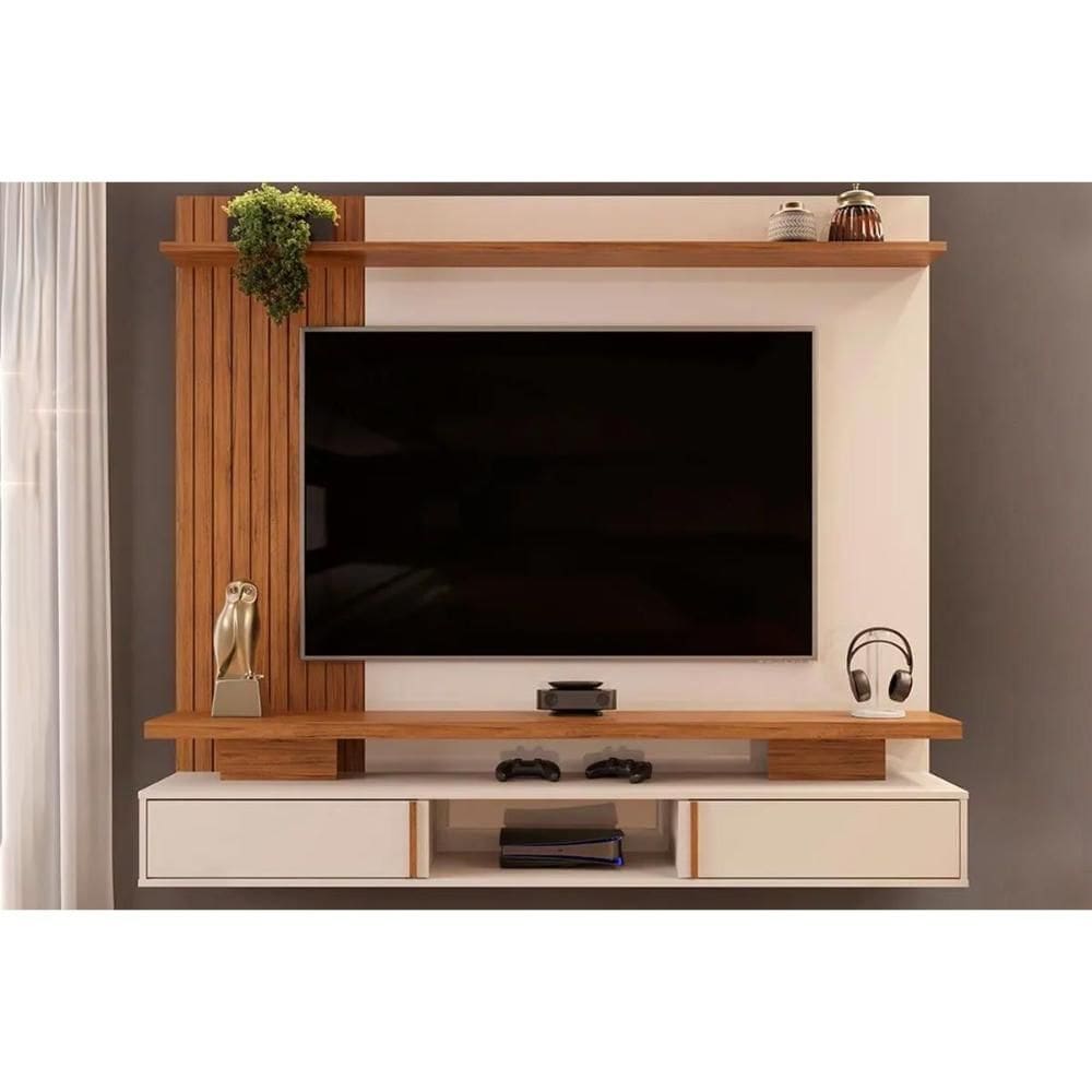 Painel Home p/ TV até 65 Pol Leoni Ripado c/ 2 Portas e 1 Nichos 180x162cm Off White/Freijó - DJ Móveis