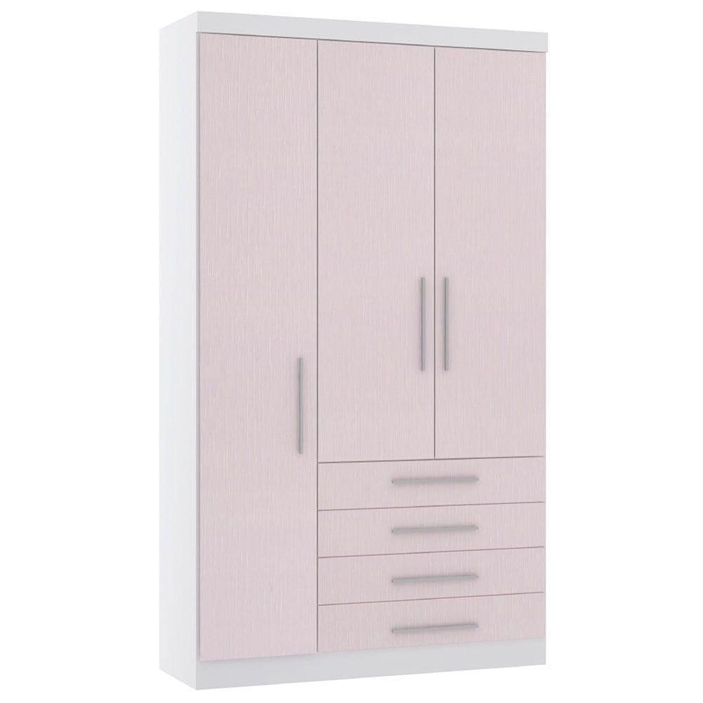 Guarda Roupa Modulado 132cm 3 Portas E 4 Gavetas Alpes Luciane Móveis Branco Pf Com Rosa Pf