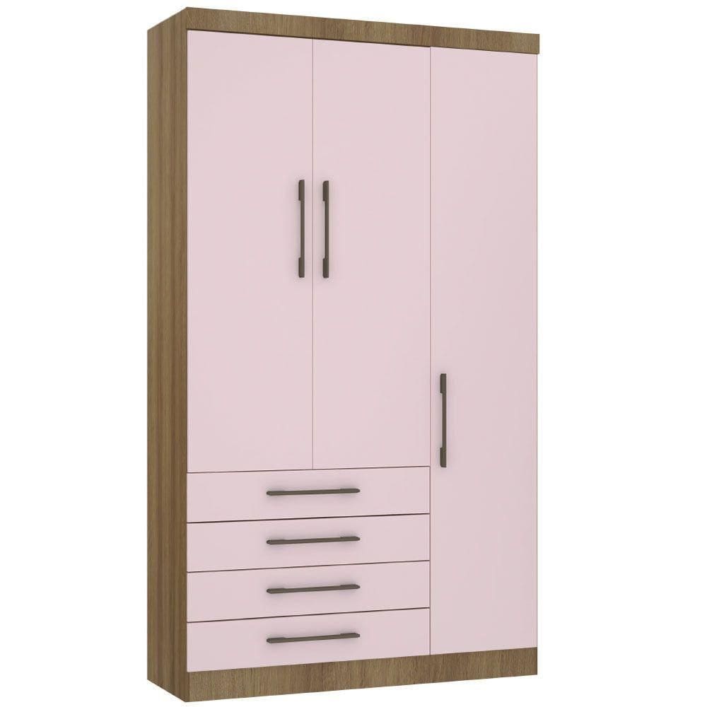 Guarda Roupa Modulado 132cm 3 Portas E 4 Gavetas Paris Luciane Móveis Avelã Pf Com Rosa Pf