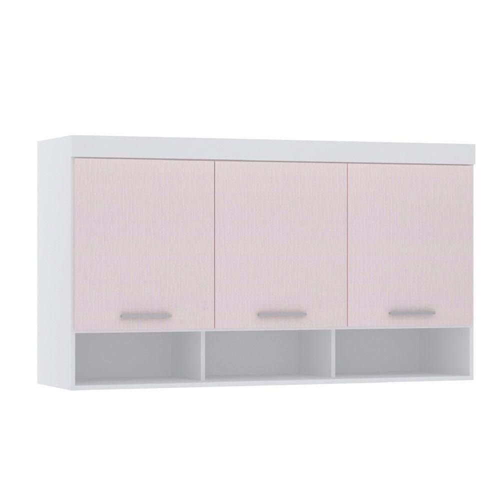 Armário Aéreo Maleiro Modulado 145cm 3 Portas Alpes Luciane Móveis Branco Pf Com Rosa Pf