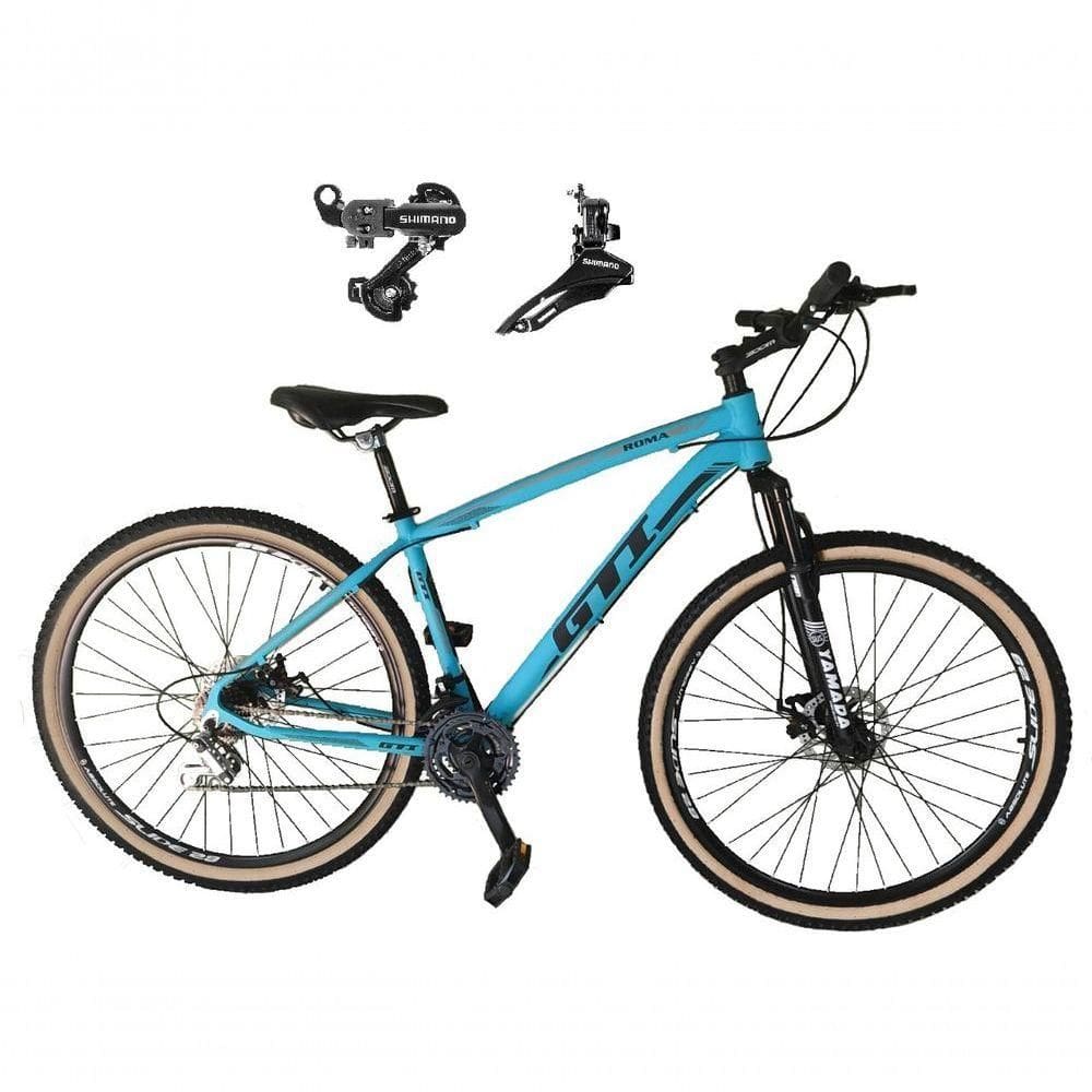 Bicicleta Aro 29 Gti Roma Alumínio 21v Câmbios Shimano Freio A Disco Com Pneu Faixa Bege - Azul Tam.19