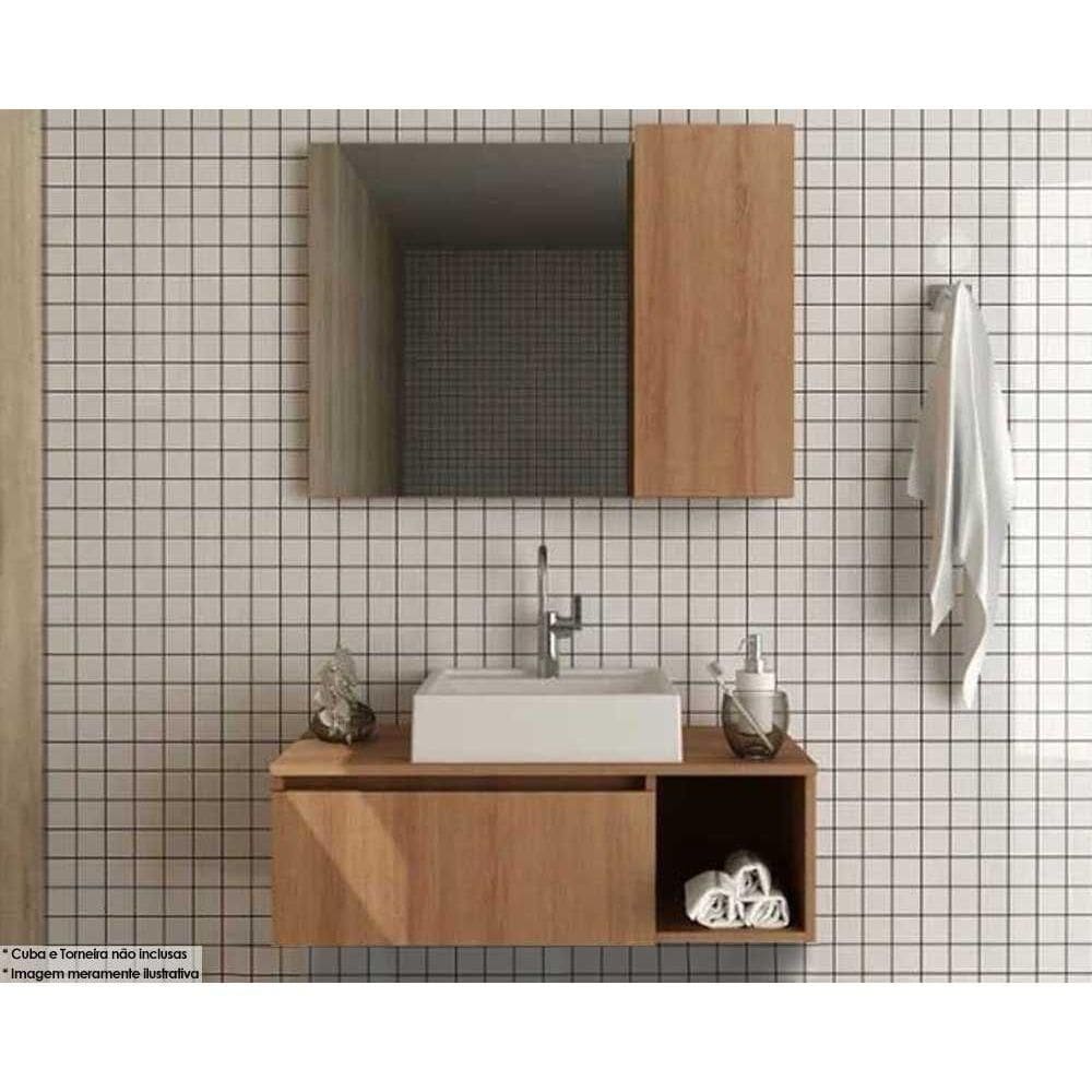 Conjunto de Banheiro Balcão Suspenso BN3601 s/ Cuba 80cm e Armário c/ Espelho BN3602 Amêndoa - Tecno Mobili