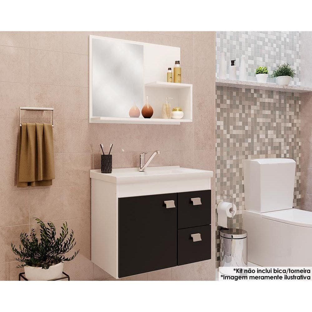 Conjunto de Banheiro Balcão Suspenso Isa c/ Cuba 55cm e Armário c/ Espelho Branco/Preto - MGM